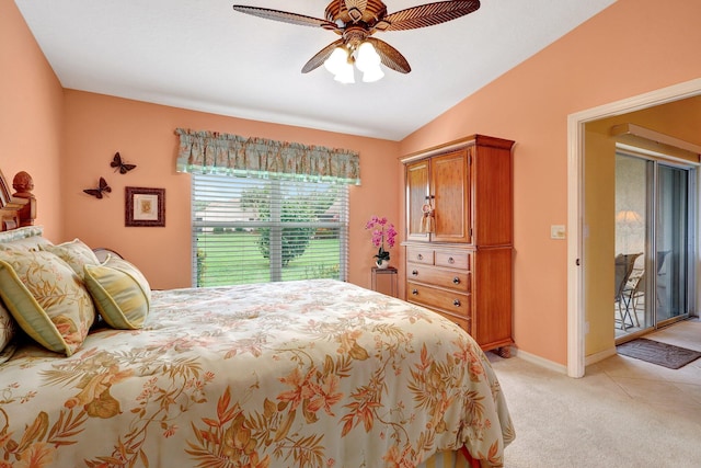 carpeted bedroom with access to outside and ceiling fan