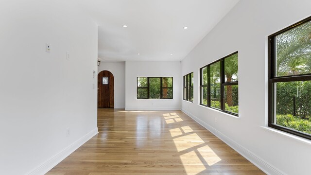 empty room featuring light hardwood / wood-style floors, a wall mounted AC, and plenty of natural light