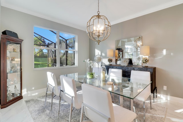 dining space with a notable chandelier, light tile patterned floors, and crown molding