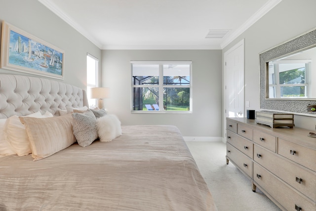 bedroom featuring light colored carpet and ornamental molding