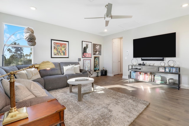 living room with ceiling fan and wood-type flooring