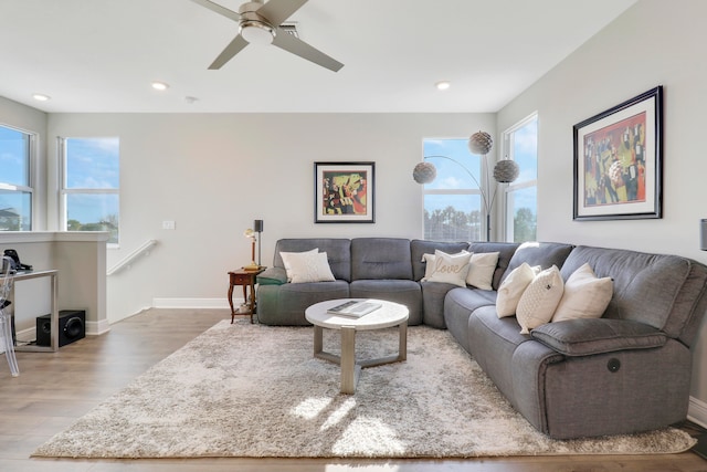 living room with hardwood / wood-style flooring and ceiling fan