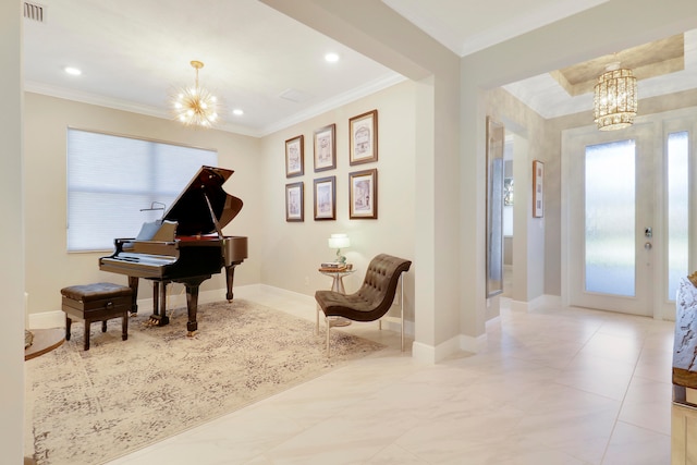 interior space featuring ornamental molding, a wealth of natural light, and a notable chandelier