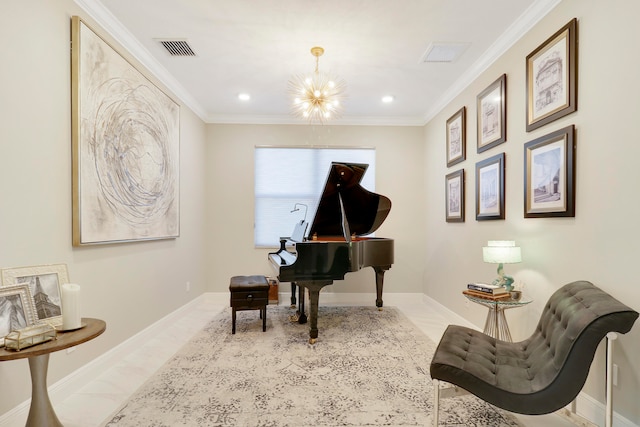 sitting room with ornamental molding and a chandelier