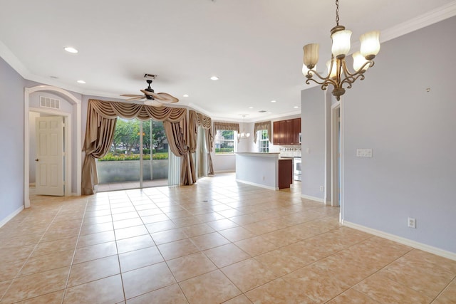 unfurnished room with ceiling fan with notable chandelier, ornamental molding, and light tile patterned flooring