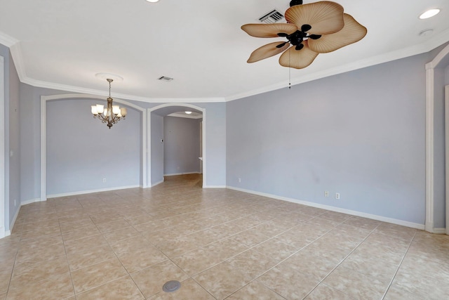 empty room with light tile patterned floors, ceiling fan with notable chandelier, and crown molding