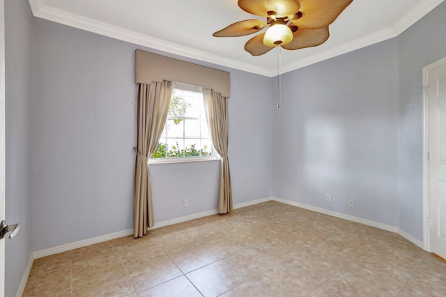 tiled spare room featuring ceiling fan and crown molding