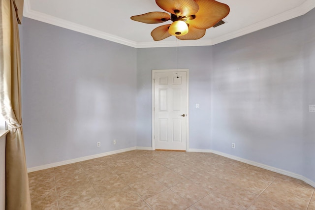 tiled empty room with ceiling fan and crown molding