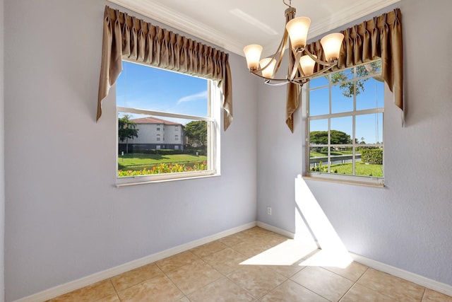 unfurnished room with light tile patterned flooring and an inviting chandelier