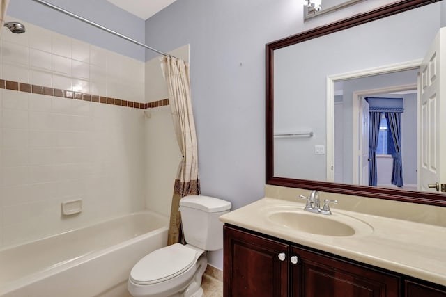 full bathroom with vanity, toilet, and shower / bathtub combination with curtain