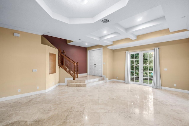 interior space with coffered ceiling and beamed ceiling