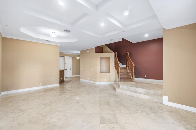 unfurnished living room with ornamental molding, beamed ceiling, and coffered ceiling