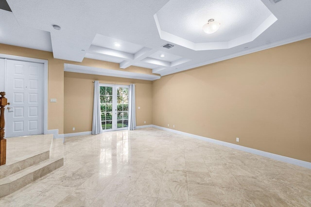 empty room with ornamental molding, beamed ceiling, a textured ceiling, and coffered ceiling