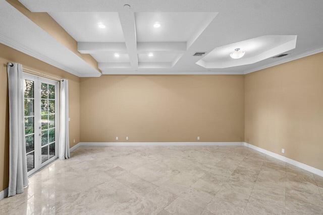 empty room with coffered ceiling, crown molding, and beamed ceiling