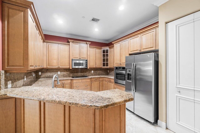 kitchen with kitchen peninsula, light stone countertops, decorative backsplash, and appliances with stainless steel finishes