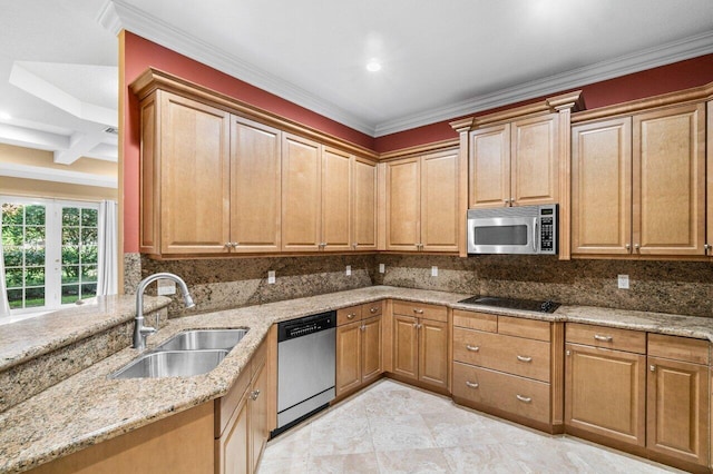 kitchen with tasteful backsplash, crown molding, appliances with stainless steel finishes, light stone countertops, and sink