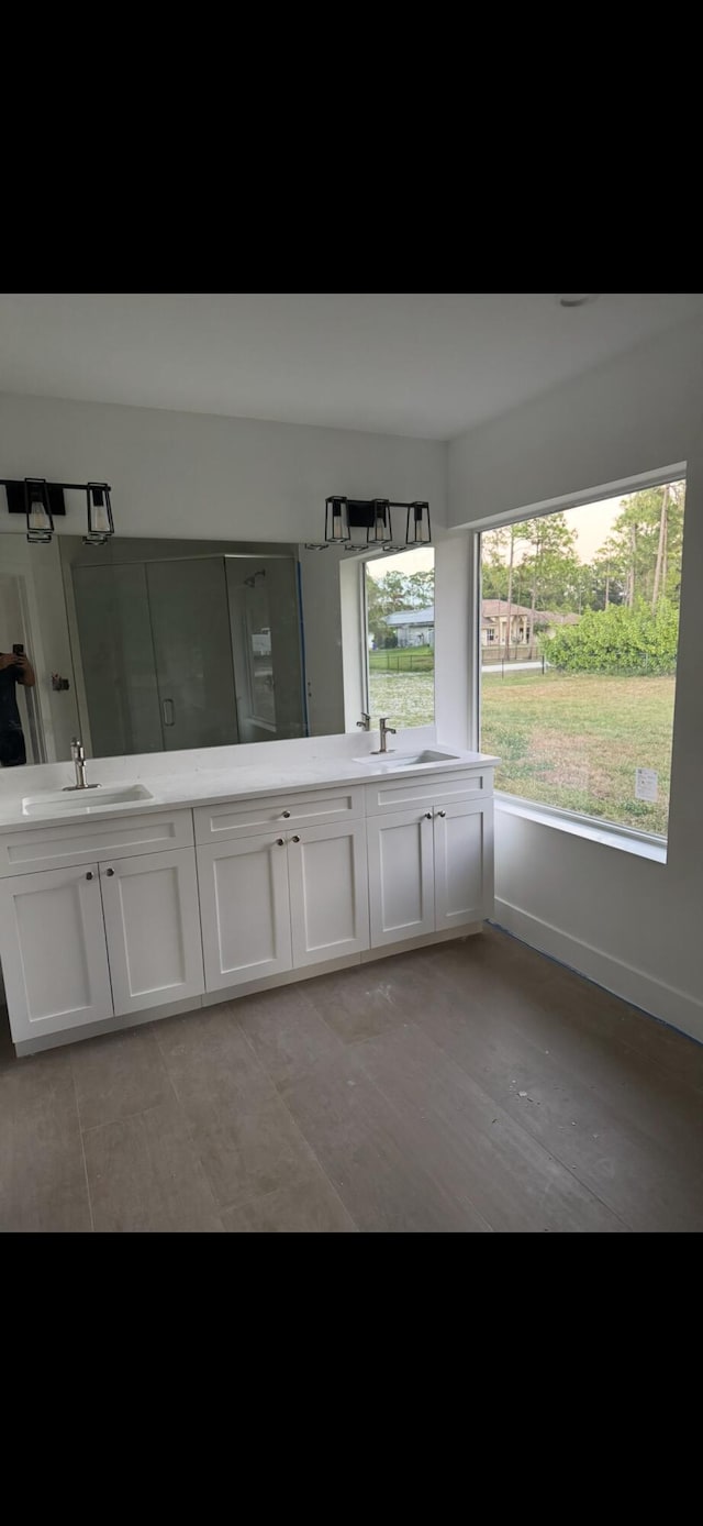 bathroom with hardwood / wood-style floors and vanity