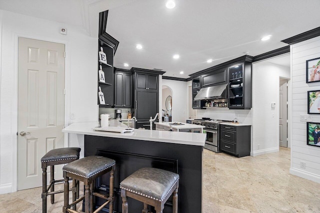 kitchen with kitchen peninsula, a kitchen bar, ornamental molding, high end stove, and sink