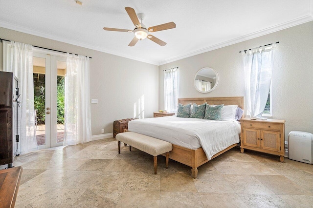 bedroom featuring ornamental molding, access to outside, ceiling fan, and french doors