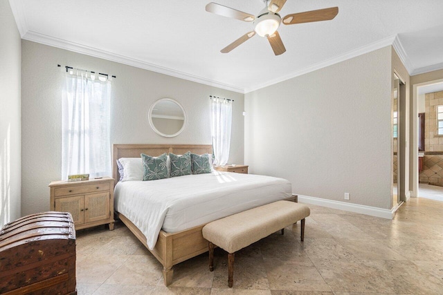 bedroom featuring connected bathroom, ceiling fan, and ornamental molding