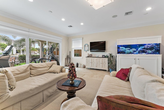 tiled living room featuring ornamental molding