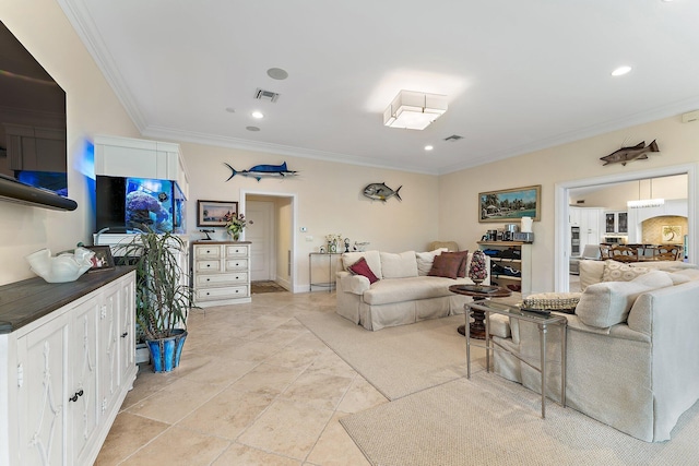 living room featuring light tile patterned floors and ornamental molding