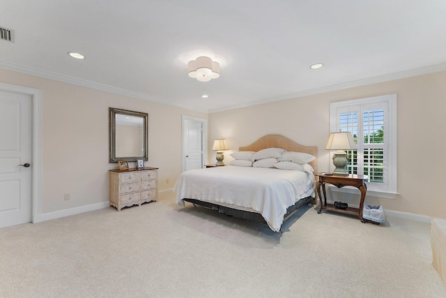 bedroom featuring ornamental molding and light carpet