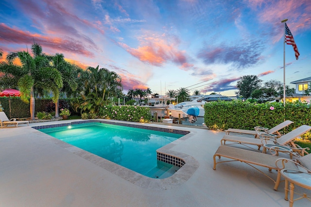 pool at dusk featuring a patio