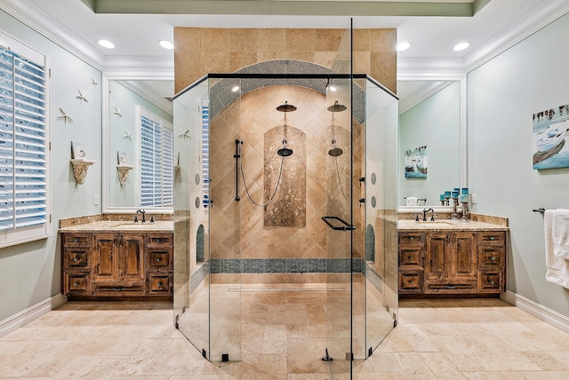 7190 Tradition Cove Ln E, West Palm Beach, FL 33412 - full bath featuring crown molding, a shower stall, two vanities, stone tile floors, and recessed lighting