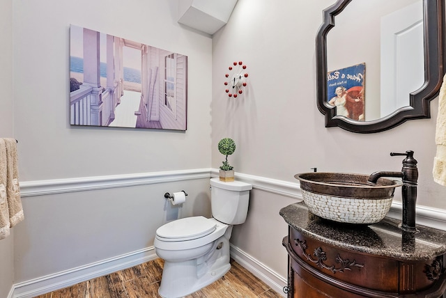 bathroom featuring vanity, wood-type flooring, and toilet