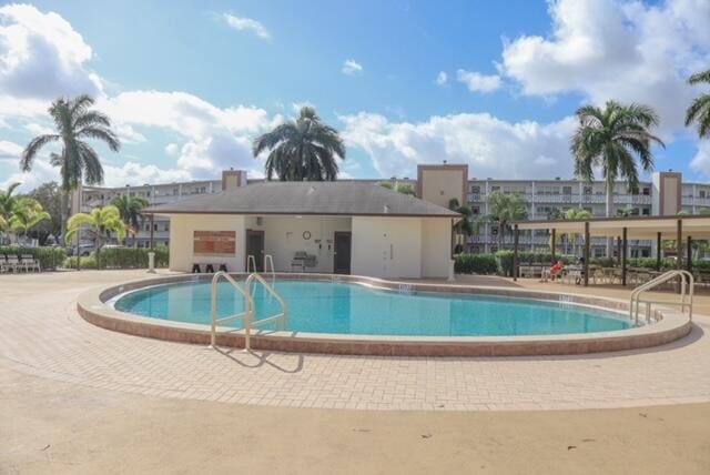 view of swimming pool with a patio