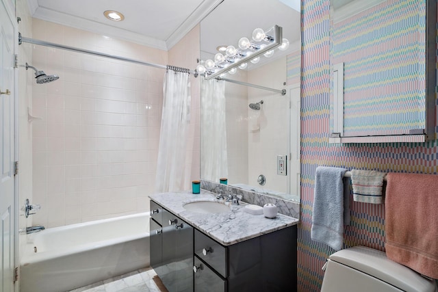 full bathroom with vanity, ornamental molding, shower / bath combination with curtain, and toilet