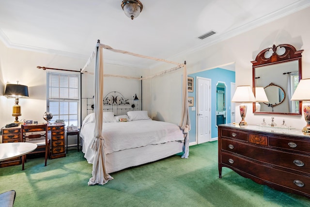 bedroom featuring visible vents, carpet floors, and ornamental molding