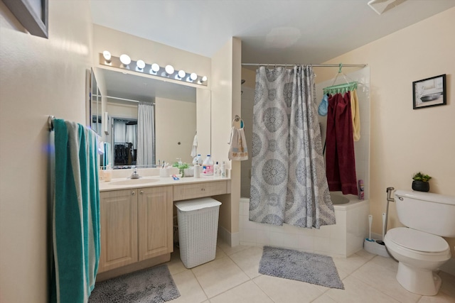 full bathroom with toilet, shower / bath combination with curtain, vanity, and tile patterned floors