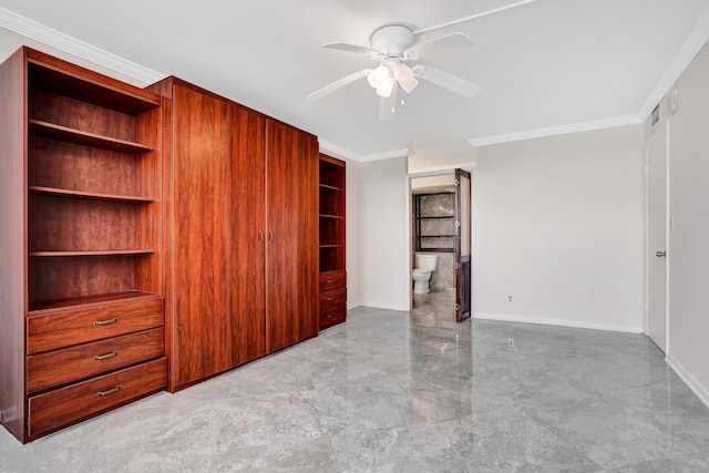 unfurnished bedroom featuring crown molding, a closet, ceiling fan, and ensuite bathroom