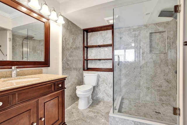 bathroom featuring vanity, toilet, ornamental molding, tile walls, and an enclosed shower