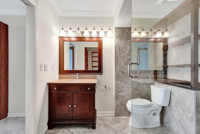 bathroom with walk in shower, vanity, crown molding, tile walls, and toilet