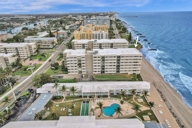 drone / aerial view with a view of the beach and a water view