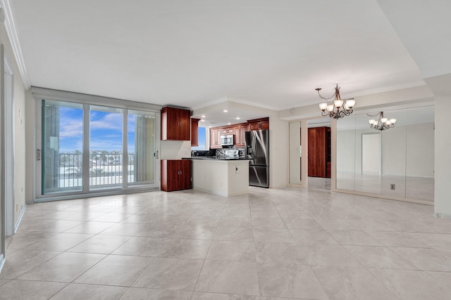 kitchen with stainless steel appliances, crown molding, light tile patterned floors, a chandelier, and hanging light fixtures