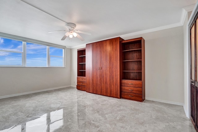 unfurnished bedroom with a closet, ceiling fan, and ornamental molding