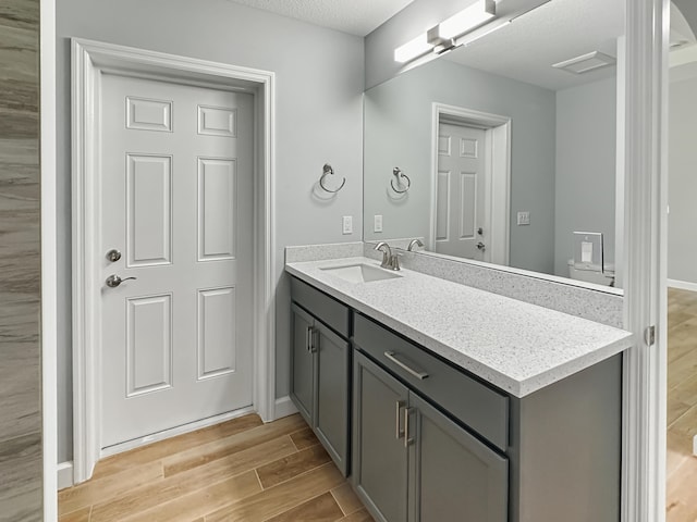 bathroom with wood-type flooring, vanity, a textured ceiling, and toilet