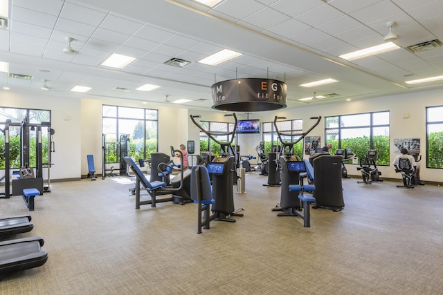 exercise room featuring a drop ceiling and a healthy amount of sunlight