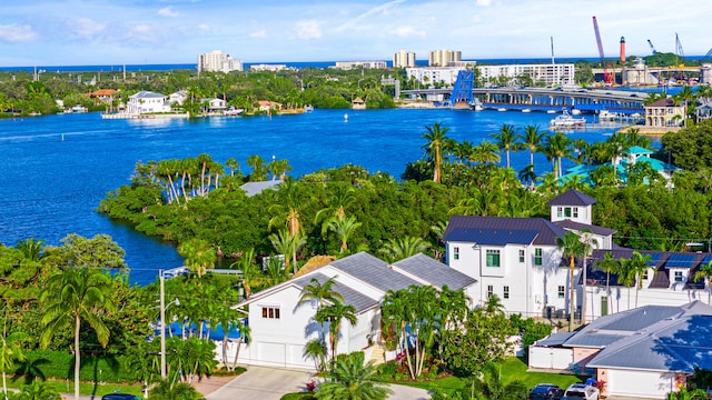 drone / aerial view featuring a water view