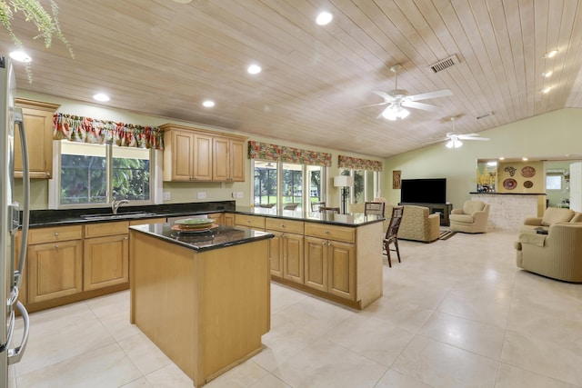 kitchen featuring a center island, wooden ceiling, lofted ceiling, and sink