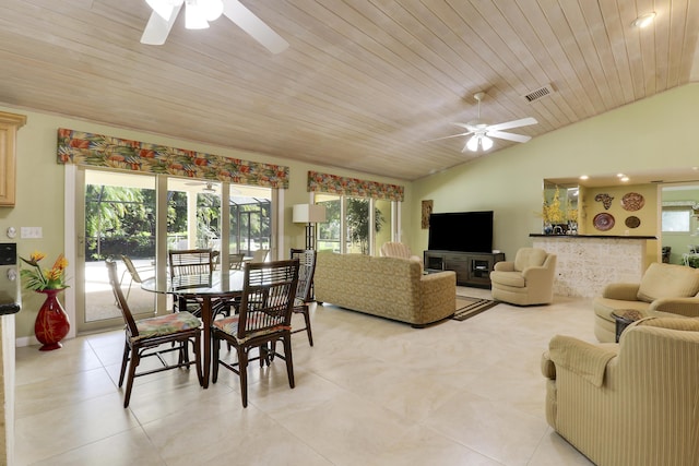 living room with ceiling fan, wood ceiling, and vaulted ceiling