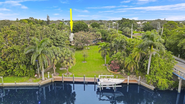 drone / aerial view featuring a water view