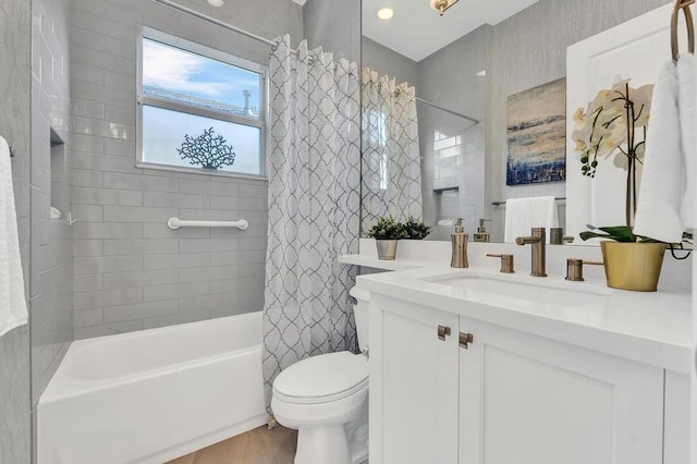 full bathroom with hardwood / wood-style floors, vanity, toilet, and shower / tub combo with curtain