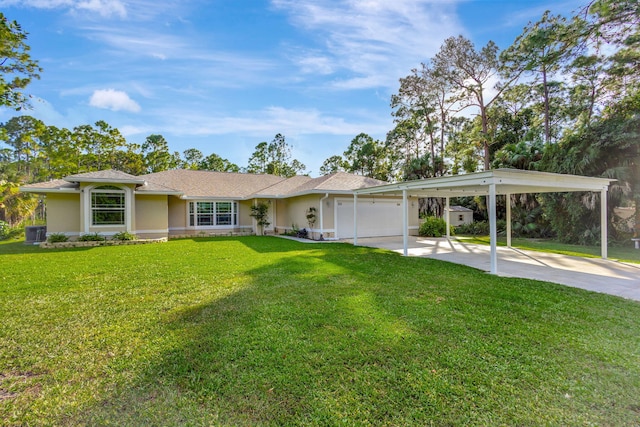 ranch-style house with a garage and a front lawn