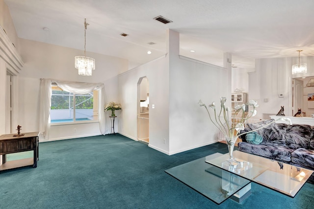 interior space featuring dark colored carpet