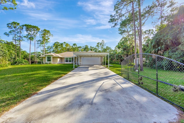 single story home featuring a front yard and a garage